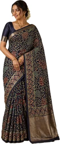 Black Maheshwari Silk Saree with Zari Border, Dabu Printed Floral Design, with Blouse Piece