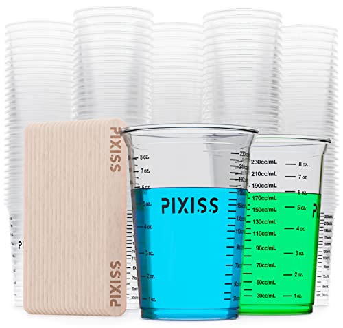 100 vasos desechables graduados de plástico transparente para mezclar pintura, manchas, epoxi, resina y 20 varillas de mezcla Pixiss Stix