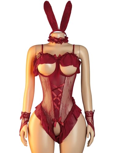 ADSEXY Sexy Lingerie for Women Backless Babydoll Lingerie Dress Nightgown Chemise One Piece Wine Red Bunny