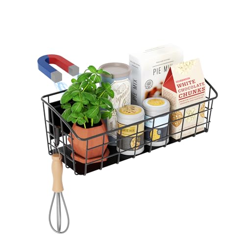 Image of 1Pack Magnetic Shelf for Refrigerator with Removable Hooks(Black) | Strong Magnetic Spice Rack for Kitchen Storage, Fruit Potato Onion Storage Shelves, Large Magnetic Basket Organizer