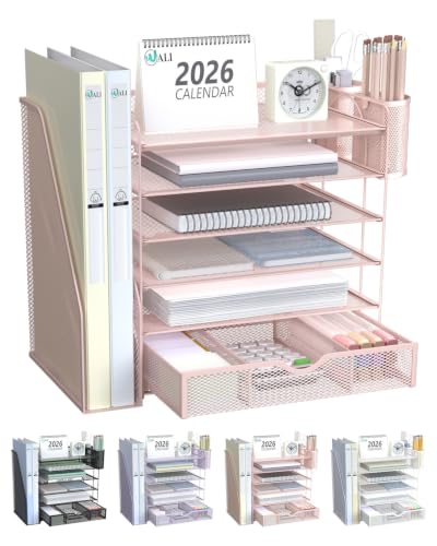Image of WALI Desk File Organizer, 6 Tier Desktop Paper Letter Tray Organizer with Drawer and 2 Pen Holders, Office Desk Accessories & Workspace Organizers for Office, Home Supplies(DO007DH-P), 1 Pack, Pink