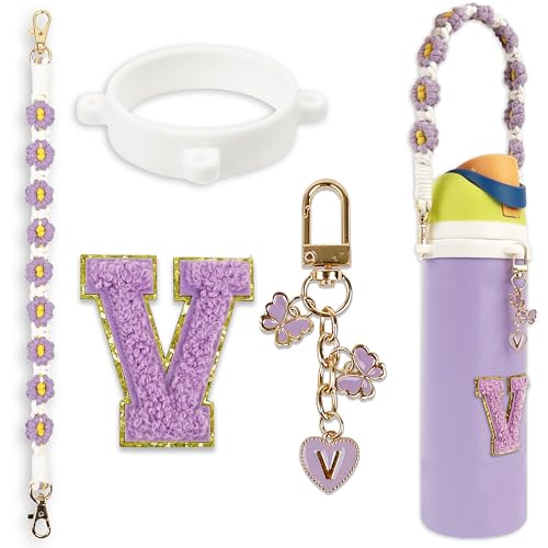 Cute Letter Charm Set with Secure Handle Strap, Silicone Ring, Monogram Sticker and Personalized Decoration for Owala Compatible Water Bottle, Travel Carry, School, Gift and Daily Use (Purple, V)