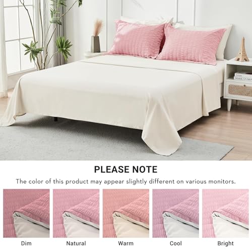 Image of HYMOKEGE Pink /Ivory California King Comforter Set Seersucker 7 Pieces, All Season Luxury Bed in a Bag for Bedroom, Bedding Set with Comforter, Sheets, Pillowcases & Shams