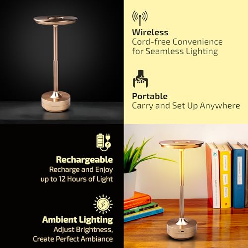 Image of Rosha Zenith Wireless Aluminium LED Table Lamps with Modern Cool Lighting | Upto 13-14 Hrs 2500 mAh Rechargeable Batteries | Touch Dimmer Control | 3 Level Brightness (Gold)