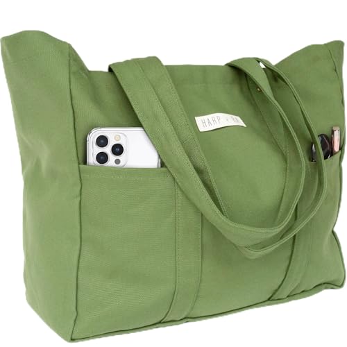 Harp + Ra Extra Large Unscructured Canvas Tote Bag for Women - Open Top, Everyday Carry, Pockets - no zipper - Gift for Women (Forest Green)