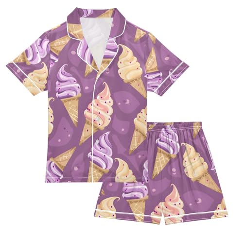 ALAZA Ice Cream Pajamas Satin Pajama Set Short Sleeve Button Down Sleepwear