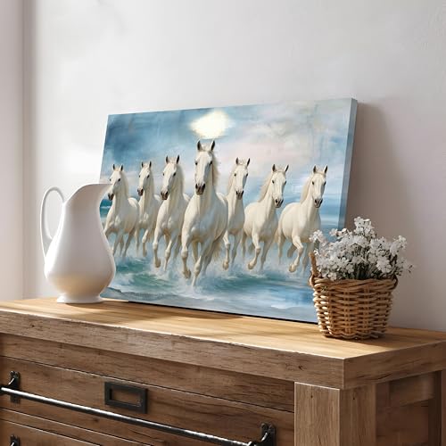 Image of PAINTINGMANTRA 7 White Running Horses Canvas Wall Art Painting For Living Room|Seven Running Horses Vastu Feng Shui Stretched Canvas Painting For Bed Room, Home & Office, 22x34 Inch