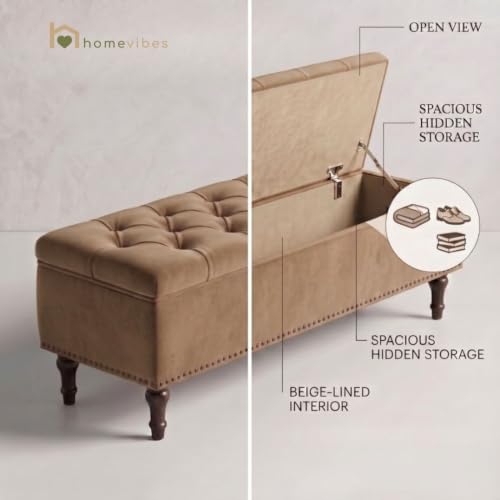 Image of Velum 3 Seater Sofa for Living Room & Office | Premium Fabric Upholstery | Solid Wood Frame | Comfortable Seating | 3 Years Warranty (Light Brown, Storage Ottoman)