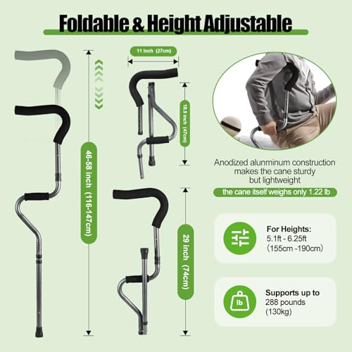 image for Ez2care Adjustable Folding Crutch, Metallic Grey - Universal Size 5'1