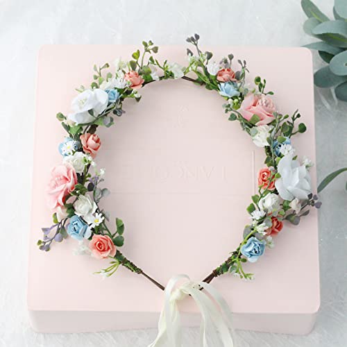 Love Sweety Greenery Flower Headband Boho Leaf Hair Wreath Bridal Wedding Headpiece Maternity Floral Crown(White Pink Blue) #TOP6