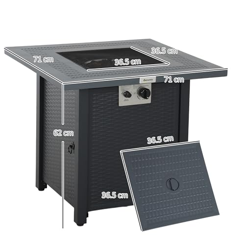 Outsunny Square Propane Gas Fire Pit Table, 40000 BTU Rattan Smokeless Firepit Patio Heater with Lava Rocks and Lid, 71cm x 71cm x 62cm, Dark Grey 7 Outsunny Square Propane Gas Fire Pit Table, 40000 BTU Rattan Smokeless Firepit Patio Heater with Lava Rocks and Lid, 71cm x 71cm x 62cm, Dark Grey - Image 7