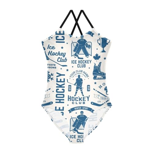 Ice Hockey Girls One Piece Swimsuits Retro Sport Halter Swimwear Beach Bathing Suit 9-10T Multi