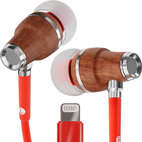 Symphonized NRG MFI Earbuds, Certified Lightning Earbuds Compatible with Apple iPhone/iPad/iPod, Premium Genuine Bubinga Wood in-Ear Noise Isolating Earphones, Stereo Wired Headphones (Red)