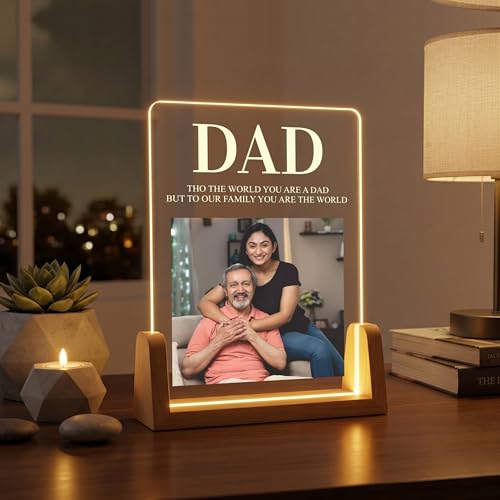 Image of Giftplease Fathers Day Personalized Rectangular Acrylic Wood Tabletop Photo Frame | Warm Led Light Base Custom Single Picture Layout Serif Typography Desktop Night Decor for Dad Papa Husband