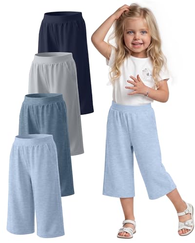 YooAurvox 4 Pack Toddler Girls Capri Pants Baby Loose Wide Leg Pants Summer Casual Leggings Clothes with Pockets(18-24 Months Navy Blue Light Gray Hazy Blue Light Blue)