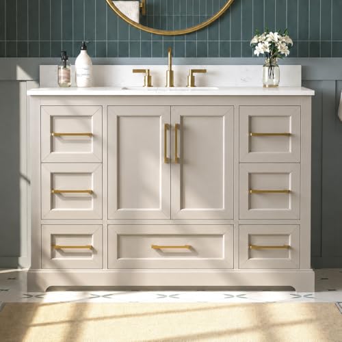 DELUXE LIVING 48 Inch Bathroom Vanity with Sink Combo, Solid Wood Frame with Stone Top & Backspalsh, Fully-Assembled with Soft-Closing Doors & 7 Drawers, Greige