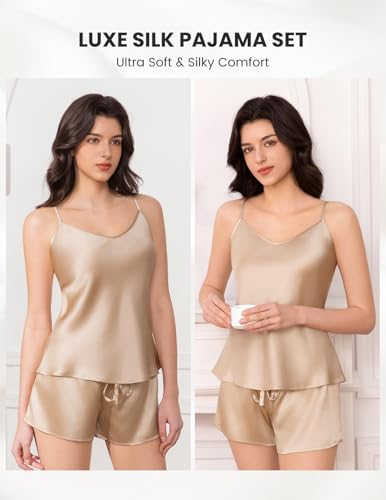 Image of THXSILK Silk Women's Pajama 2 Piece Set 6A+ Grade 100% Mulberry Silk Nightgown Soft Luxury V Neck Cami Shorts Sets Sleepwear
