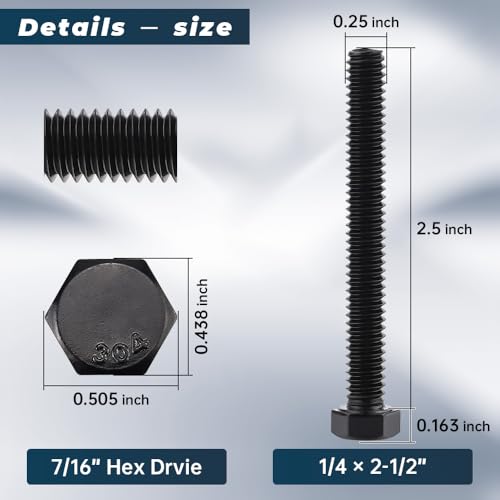 Image of Glvaner 1 /4-20 x 2-1 /2 inch Stainless Steel Hex Head Screws Bolts, Black Coated, 304 Stainless Steel 18-8, Hexagon Head Bolts, Full Thread, 12 pcs