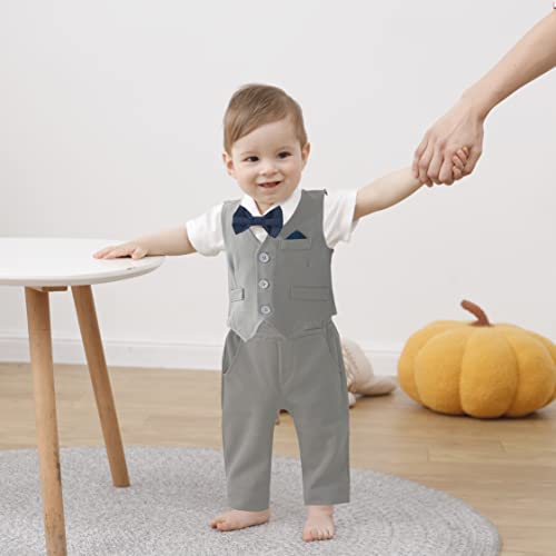 Image of DISAUR Baby Boy Clothes Toddler Boy Outfits 4PCS Gentleman Dress Romper /Vest /Pants /Bow Tie Cotton Suit Sets