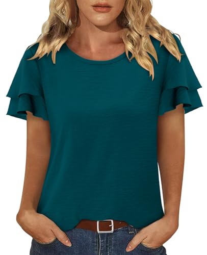 CRAZY GRID Women's Shirts Summer Casual Crewneck Ruffle Short Sleeve Blouses Cute Floral Print Tunic Tops