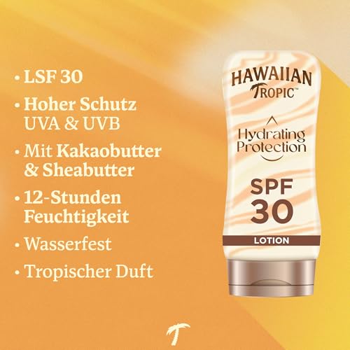 Hawaiian Tropic| Hydrating Protection Sonnenschutz mit LSF 30, UVA- und UVB-Schutz, 180 ml, 12 Stunden Feuchtigkeitsversorgung mit Kakao- und Sheabutter, wasserfest, vegan