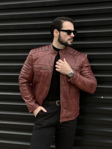 Image of TLC Mens Leather Jacket | Sheepskin Quilted Shoulders Bold Biker Cafe Racer Style Leather Jacket Men