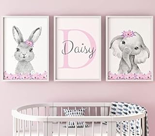 Safari Animals Girls Nursery Bedroom Prints Set of 3, Personalised Name Unframed Pink Flowers Nursery Wall Art Decor Gift Present in Grey Pink, Elephant Bunny Rabbit (A4)