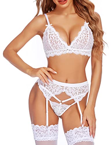 Avidlove Women Garter Lingerie Lace Bra and Panty Set Sexy 3 Piece Lingerie Set with Garter Belt (L, White)