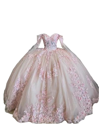Bling Floral Flower Applique Quinceanera Dresses with Sleeve Off The Shoulder Ball Gowns Puffy 2025
