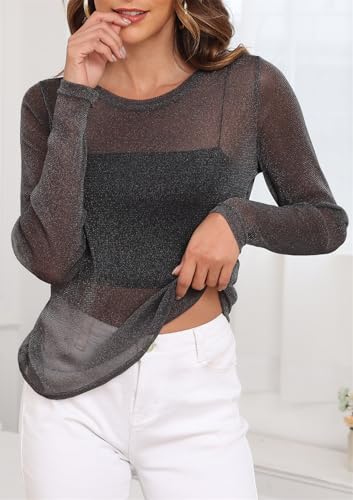 YVH Women Sheer Mesh Top Sexy Blouse for Layering, Club, Concert Outfits, Long Sleeve See Through Shirt Loose Fit (Black Silver, 3X-Large) — view 2