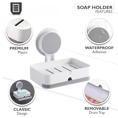 Image of Stickable Soap Holder for Washbasin | Compact Dish | Self adhesive wall mounted bathroom organizer without drill. Single plastic soap stand. Space saving rental friendly storage.