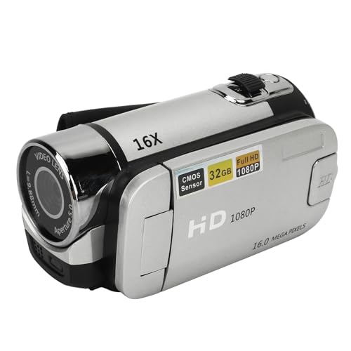 Denash Caméscope Vidéo, Appareil Photo Numérique 1080P 16MP Enregistreur de Caméra Vlogging avec Zoom Numérique 16X, Caméscope Compact pour la Photographie (Silver)