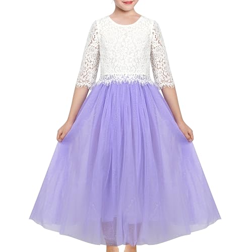 Image of Sunny Fashion Girls Dress 2PC Set White Floral Lace Glitter Tulle Skirt 3 /4 Sleeve