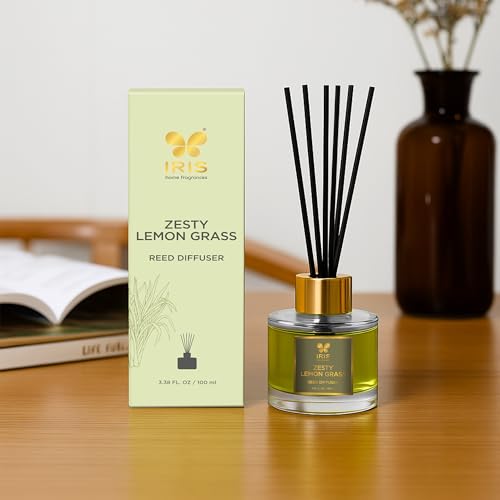 Image of IRIS Aroma Reed Diffuser - 100ml | Elegant Home Fragrance with 6 Fiber Reeds, Glass Round Bottle with Gold Cap | Aroma Diffuser for Cozy Decor & Gifting (Zesty Lemongrass)