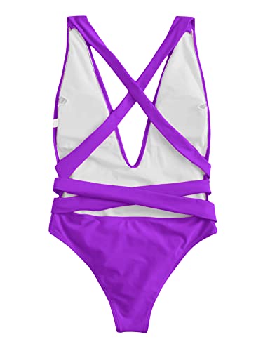 Image of Lilosy Sexy Tie Criss Cross Plunge One Piece Thong Swimsuit High Cut Brazilian Bathing Suit