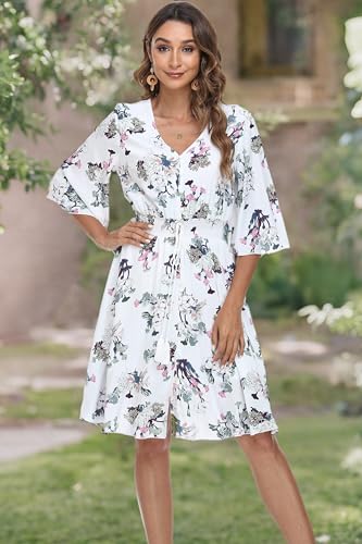 Image of VintageClothing Women's Floral Sundresses Flowy Boho Summer Beach Dress | Lightweight Breathable material,Elegant V Neck and Button Front Design,Flared Bell Sleeve Cut,Mini Casual dress