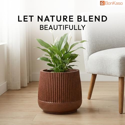 Image of BonKaso 12 Inch Audi Plant Pot for Indoor & Outdoor Use | Heavy Duty Durable Polymer Flower Pot Gamla | Lightweight Modern Planter for Living Room, Balcony, Terrace & Office Decor (Brown)