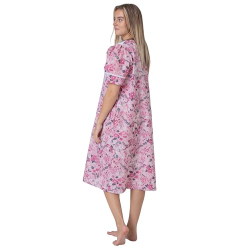 Image of Women's Short Sleeve Woven Snap-Front Closure Floral Embroidery Housecoat Duster Lounge Nightgown Robe with Front Pockets