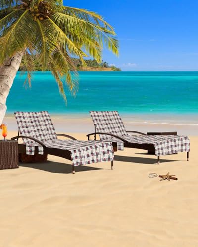 Red Buffalo Plaid Beach Chair Cover with Side Pockets, Microfiber & Quick Dry Pool Chaise Lounge Chair Towels Covers for Sun Sunbathing Patio Garden Hotel, Modern Geometric Abstract Grid Checkered