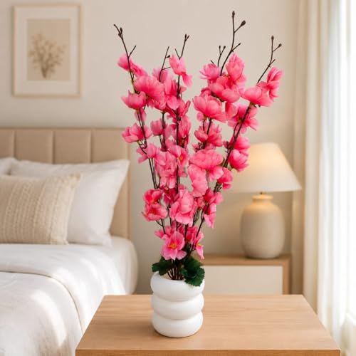 Image of Artificial Pink Cherry Blossom Flower Plant with White Decorative Pot for Home Decor, Bedroom, Living Room, Office Desk & Table Centerpiece