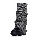 driceic Women's Black Rhinestone Platform Round Toe fold over Wide Calf Boots Fashion Chunky Heel slouchy Shark moon Party Rave Boots 8