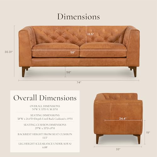 Image of Poly & BARK Essex 74 inch Leather Apartment Sofa - Mid-Century Tufted Design, Full-Grain Italian Leather, Feather-Down Cushions, Cognac Tan
