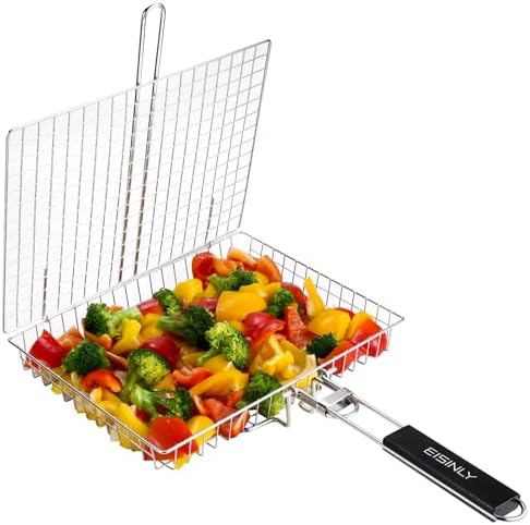 Portable Grill Basket, EISINLY BBQ Grilling Basket for Outdoor Grill with Removable Handle, Stainless Steel Camping Cooking Grill Accessories for Chicken Fish Vegetable