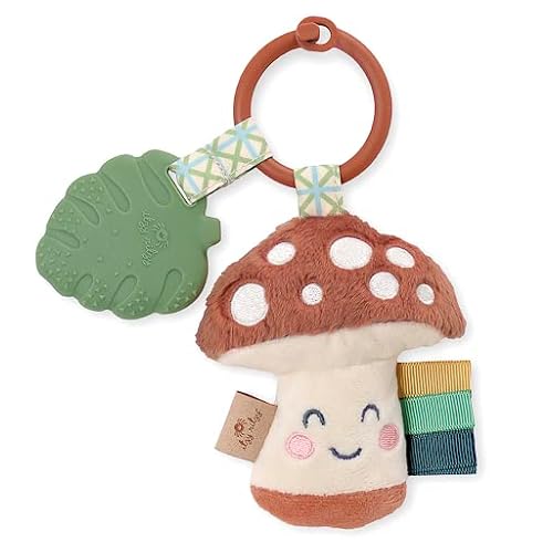 Itzy Ritzy Infant Toy & Teether – Itzy Pal Baby Teething Toy Includes Lovey, Crinkle Sound, Textured Ribbons & Silicone Teether Toy for Newborn (Mushroom)