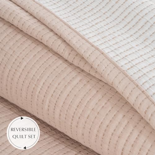 EVERGRACE Cotton Quilt Set Queen Size 3 Pieces, Ultra Soft Pick Stitch Matelasse Coverlet Oversized Bedspread, Lightweight Quilted Bedding Set for All Season, with Matching Shams, Flax Linen