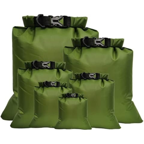 Waterproof Dry Bag 6 Set, Lightweight Drybag Canoe Bags with 1.5L, 2.5L, 3L, 3.5L, 5L, 8L Dry Sacks Waterproof Bags for Kayaking Rafting Boating Hiking Camping Travel Backpacking-Green Cover