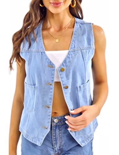 Peaceglad Womens Casual Jean Vest V Neck Open Front Button Down Sleeveless Denim Jacket with Pockets4