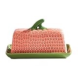 Mantequillera grande con diseño de fresas con tapa para cocina y hogar, 19,5 x 9,5 x 11,5 cm, apto para lavavajillas, recipiente de mantequilla de cerámica para refrigerador, capacidad de 500 g, color