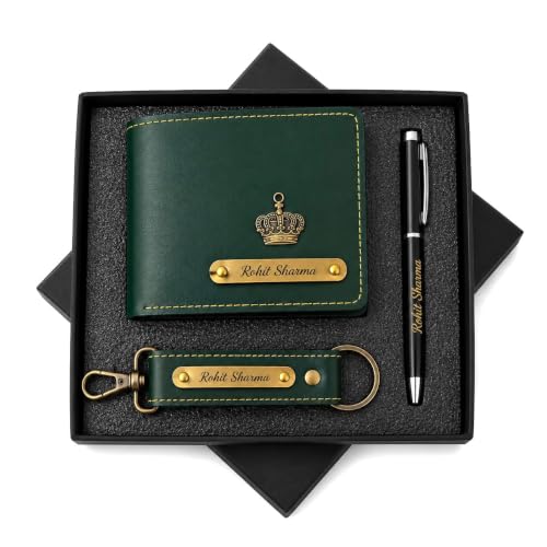 Image of B'Code Personalized Name & Charm Leather Wallet Mens Combo Giftset | Customized Birthday Anniversary Wedding Engagement Office Gifts for Man| Gift for Men| Brothers Raksha Bandhan Present (Green)