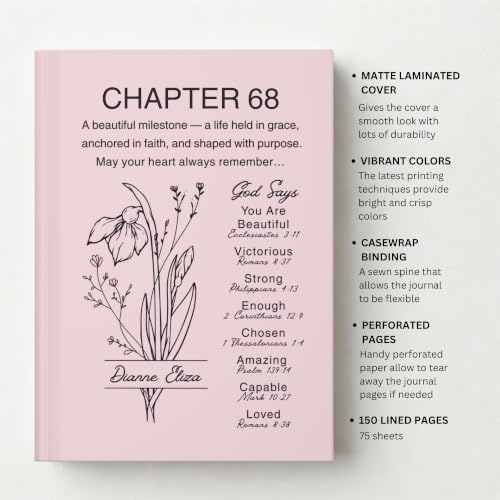 Personalized 68th Birthday Journal, Christian Faith Gift, Custom Name Birth Flower Notebook, Hardcover Floral Diary, 68th Birthday Keepsake for Mom, Dad, Wife, Husband, Grandma, Grandpa, Sister, Brother, Friend - VERSE68_1 - Image 7